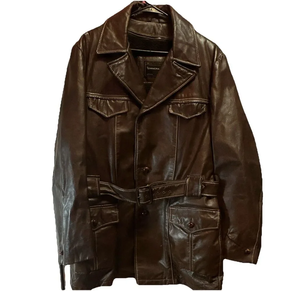 Vintage Towncraft JCPenney Brown Leather Belted Ranch Coat Mens 46 Long